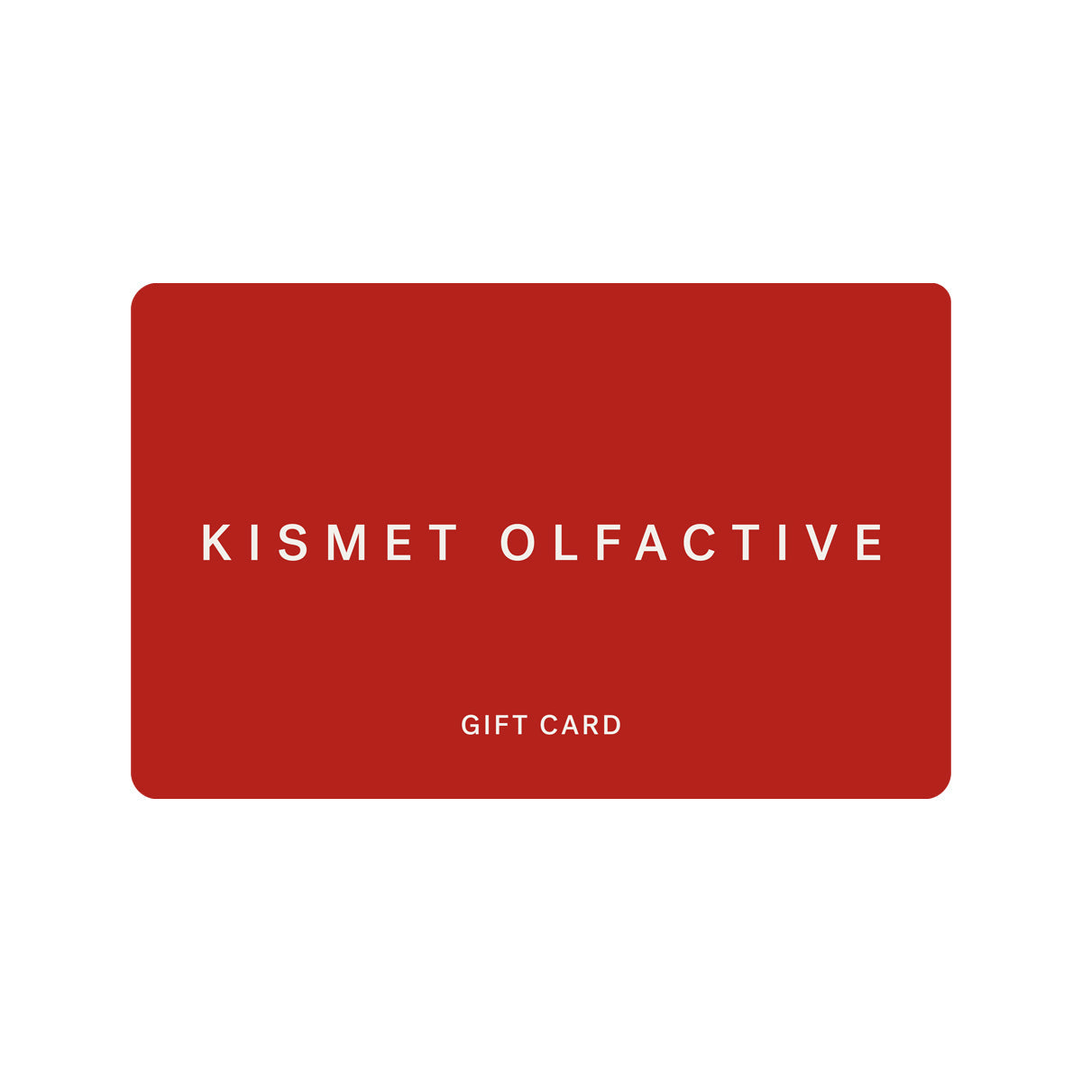 Red gift card with 'Kismet Olfactive' text on a white background