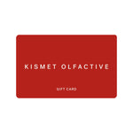 Red gift card with 'Kismet Olfactive' text on a white background