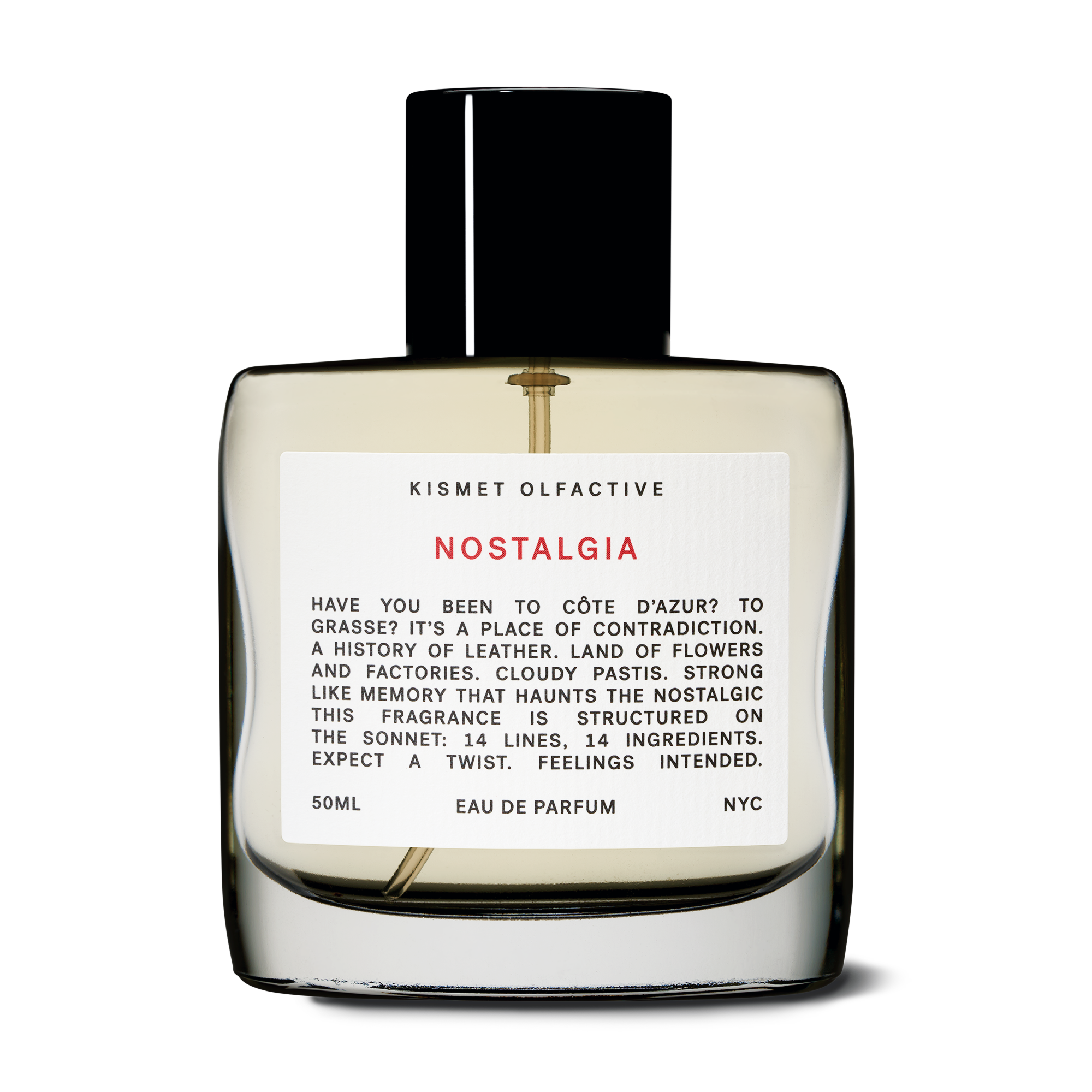 Perfume bottle labeled 'Nostalgia' by Kismet Olfactive on a white background
