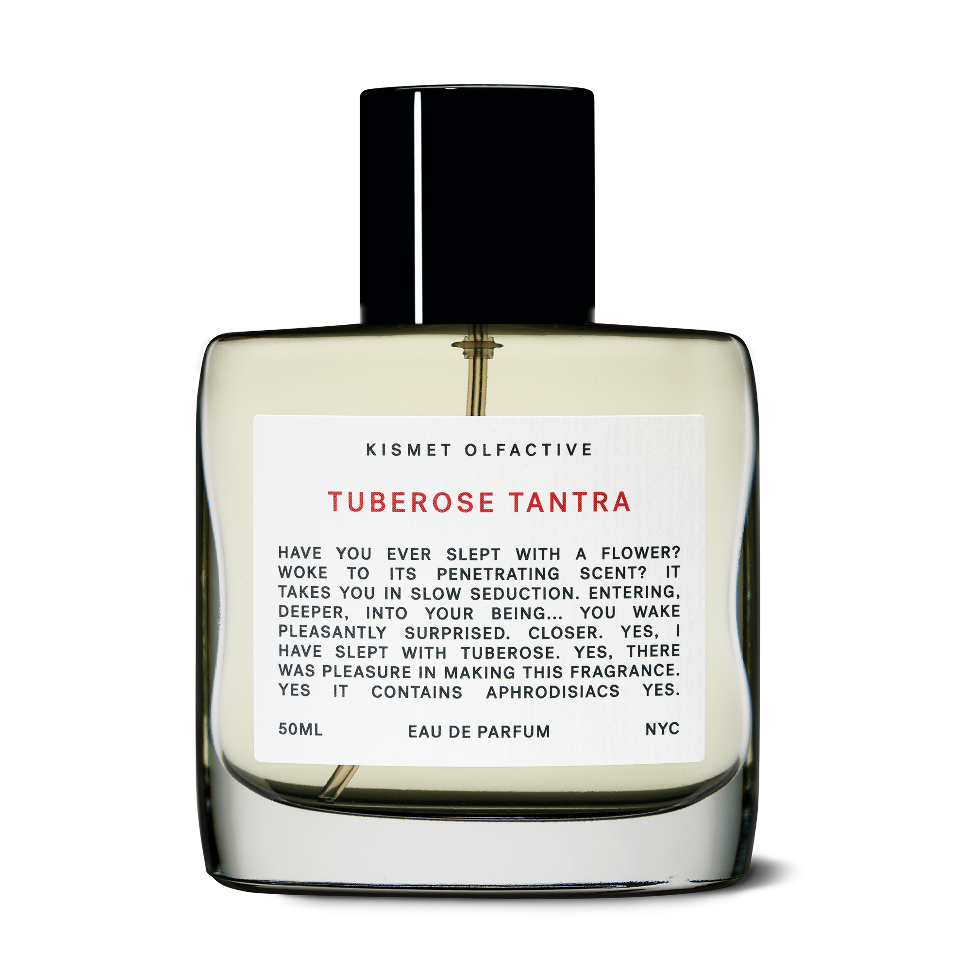 Perfume bottle labeled 'Tuberose Tantra' by Kismet Olfactive on a white background