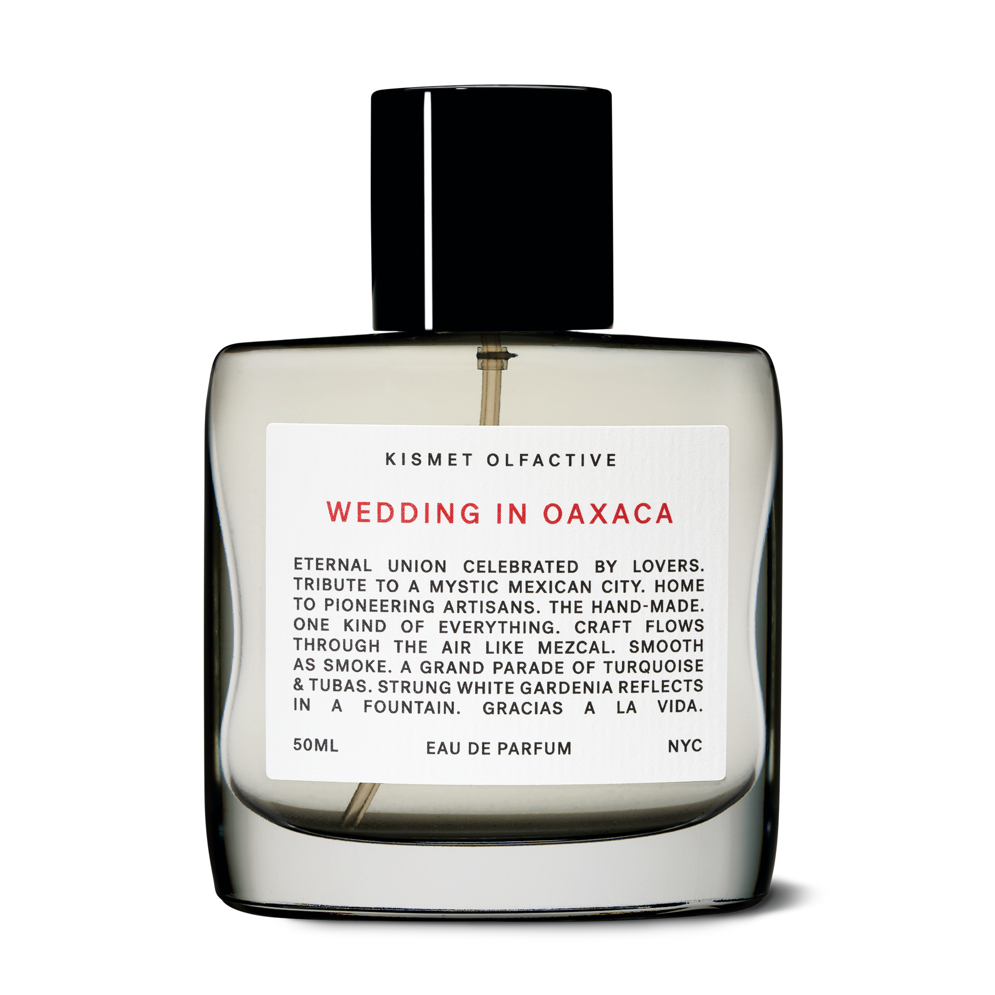 Perfume bottle labeled 'Wedding in Oaxaca' by Kismet Olfactive on a white background